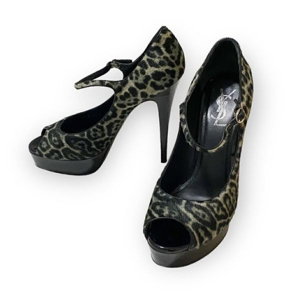 YSL Yves Saint Laurent Tribute Too 105 Mary Jane Peep Toe Pumps, Pony Leopard